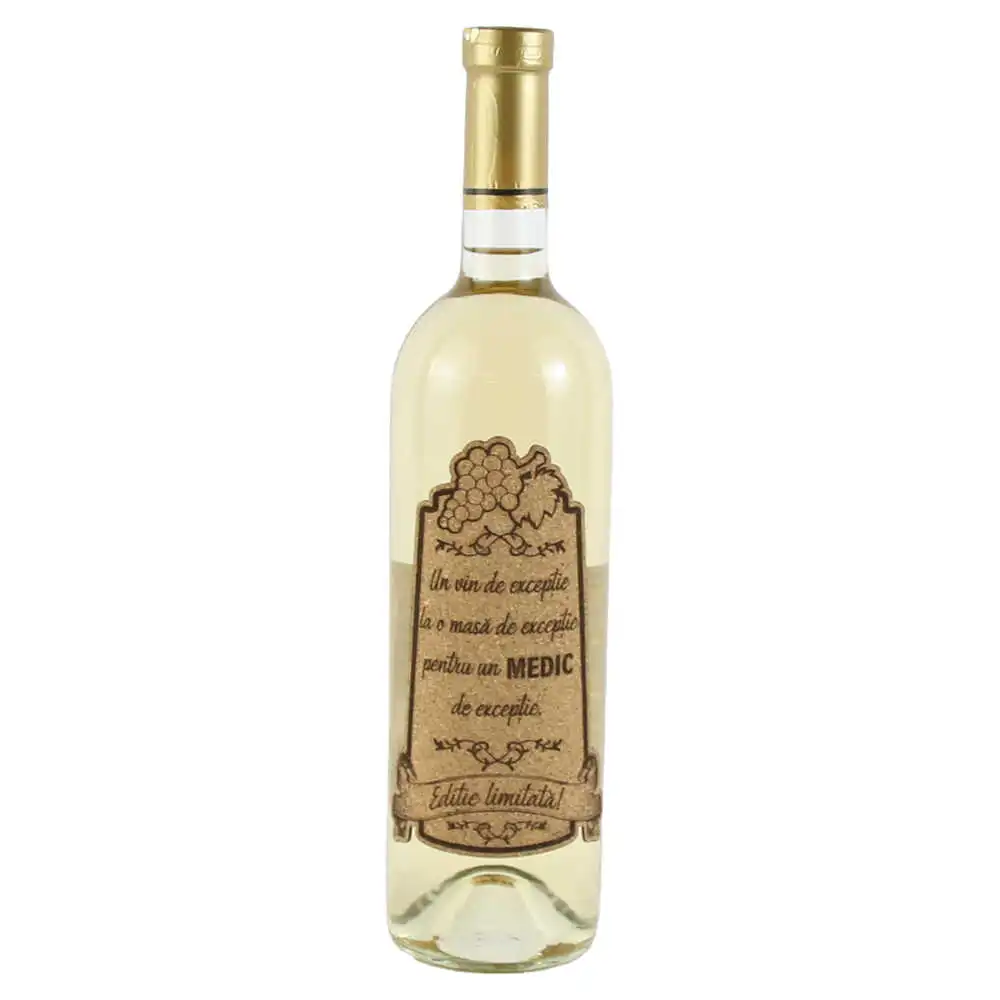 Vin alb 750 ml "Pentru un Medic de exceptie" cu eticheta personalizata din pluta Vin alb 750 ml "Pentru un Medic de exceptie" cu eticheta personalizata din pluta