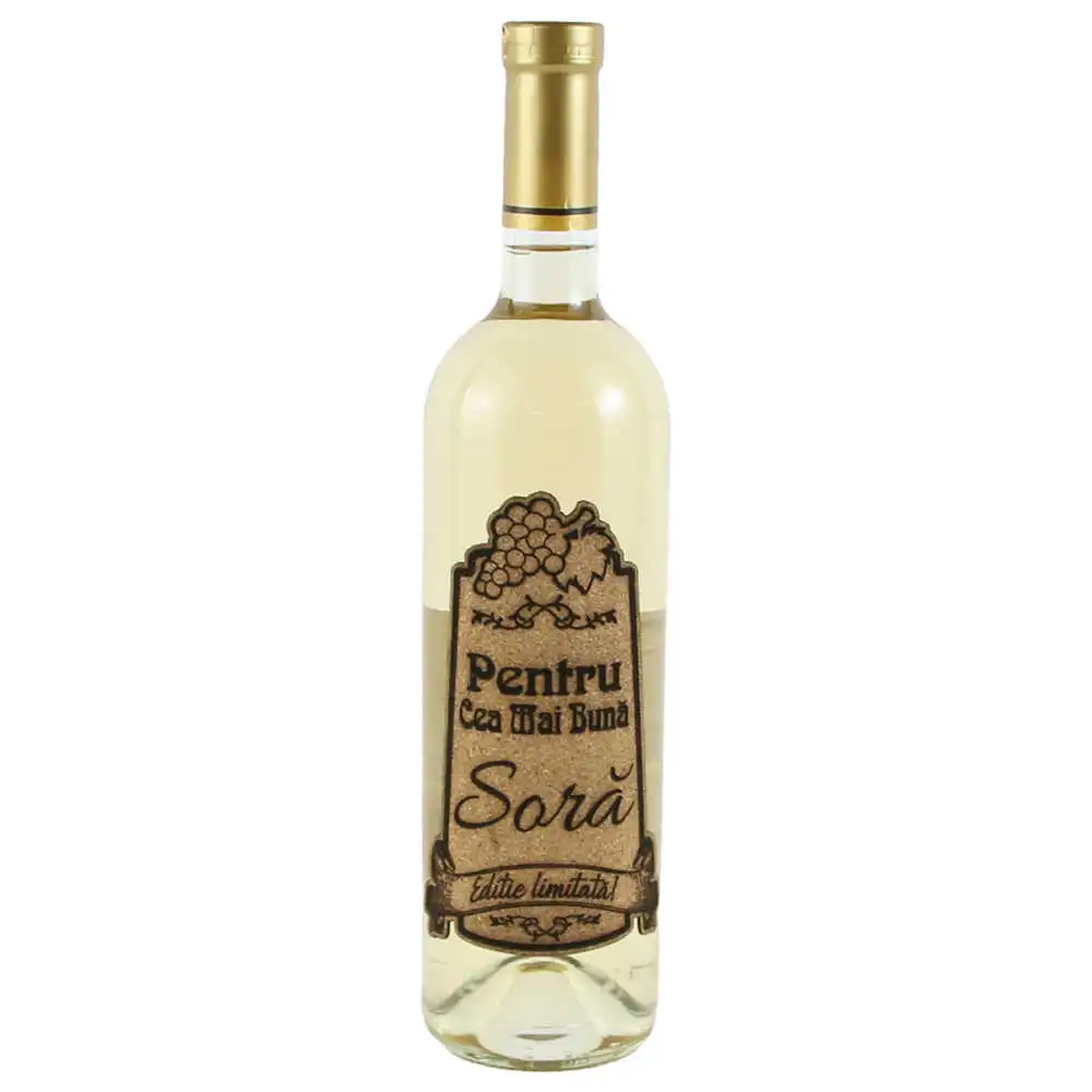 Vin alb 750 ml "Pentru cea mai buna Sora" cu eticheta personalizata din pluta Vin alb 750 ml "Pentru cea mai buna Sora" cu eticheta personalizata din pluta