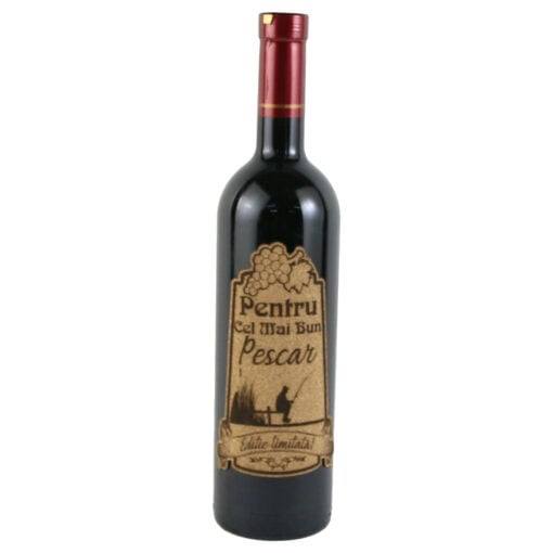 Vin rosu 750 ml "Pentru cel mai bun Pescar" cu eticheta personalizata din pluta