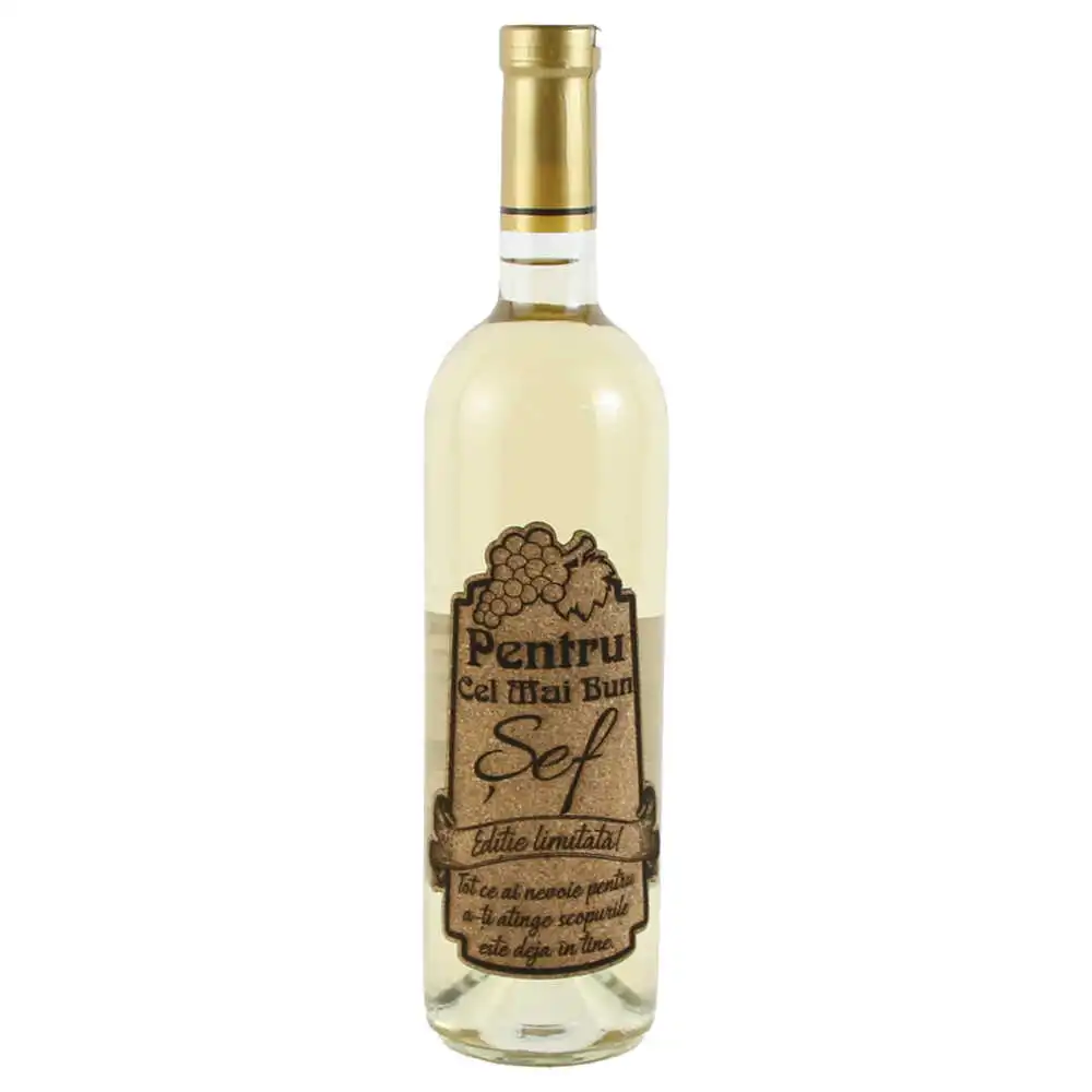 Vin alb 750 ml "Pentru cel mai bun Sef" cu eticheta personalizata din pluta Vin alb 750 ml "Pentru cel mai bun Sef" cu eticheta personalizata din pluta