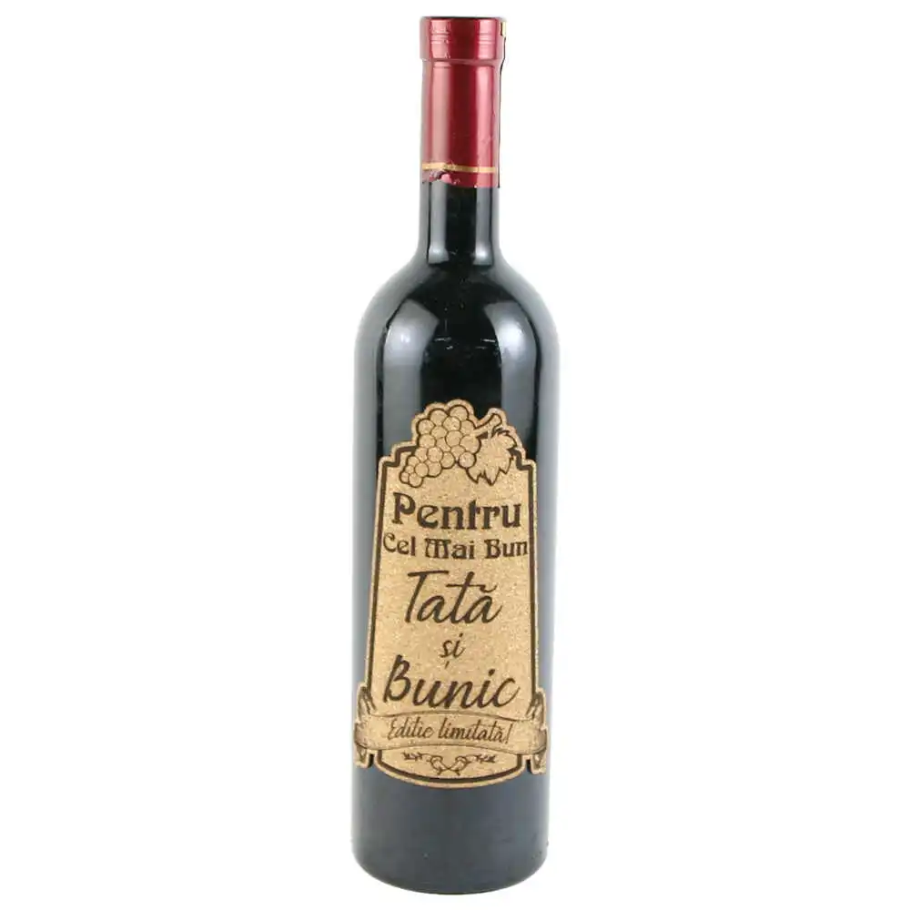 Vin rosu 750 ml "Pentru cel mai bun Tata si Bunic" cu eticheta personalizata din pluta Vin rosu 750 ml "Pentru cel mai bun Tata si Bunic" cu eticheta personalizata din pluta