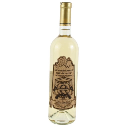 Vin alb 750 ml "Toti suntem nascuti egali...Pompieri" cu eticheta personalizata din pluta