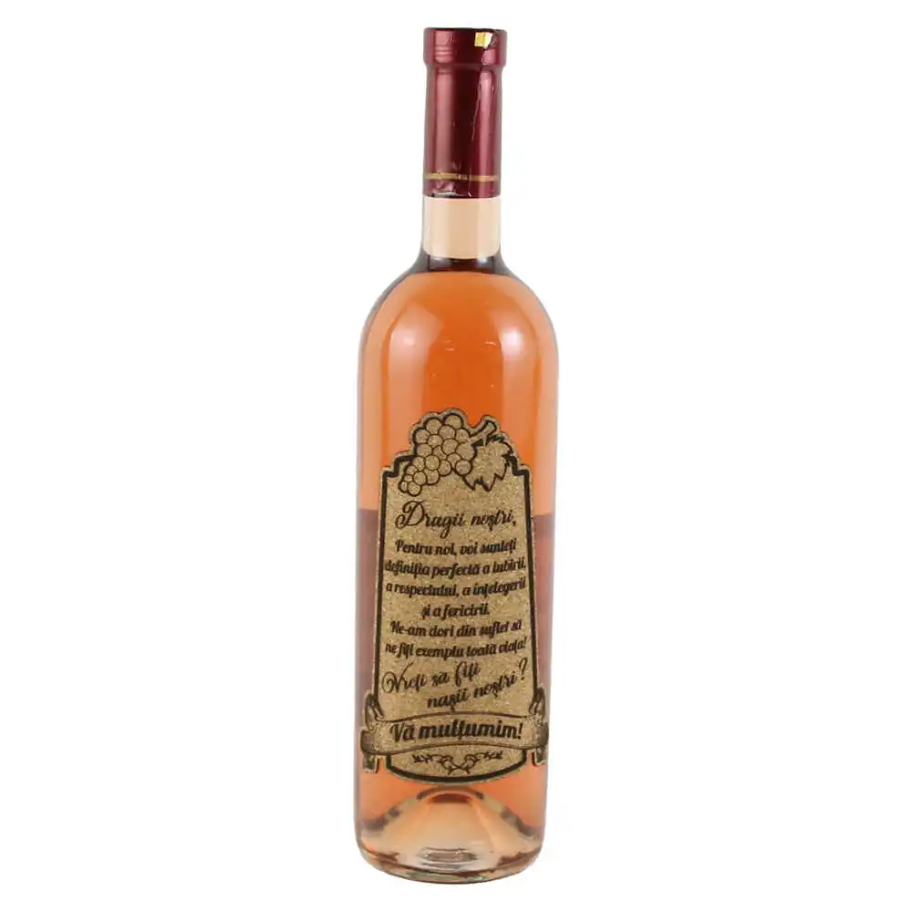 Vin rose 750 ml "Vreti sa fiti Nasii nostri?" cu eticheta personalizata din pluta Vin rose 750 ml "Vreti sa fiti Nasii nostri?" cu eticheta personalizata din pluta