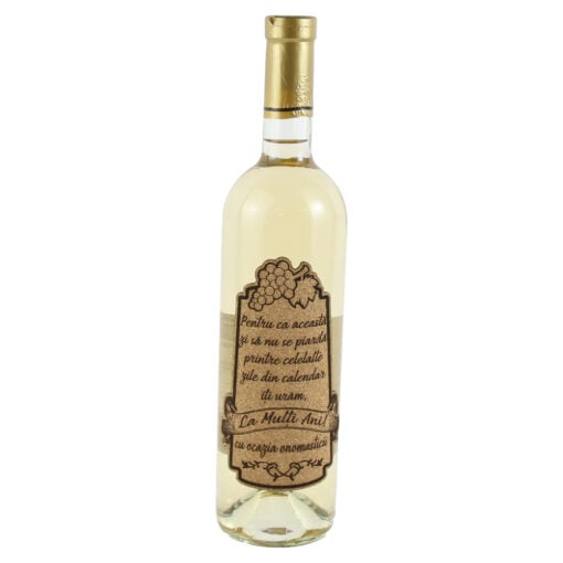 Vin alb 750 ml "La multi ani! cu ocazia onomasticii" cu eticheta personalizata din pluta