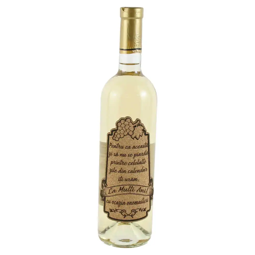 Vin alb 750 ml "La multi ani! cu ocazia onomasticii" cu eticheta personalizata din pluta Vin alb 750 ml "La multi ani! cu ocazia onomasticii" cu eticheta personalizata din pluta