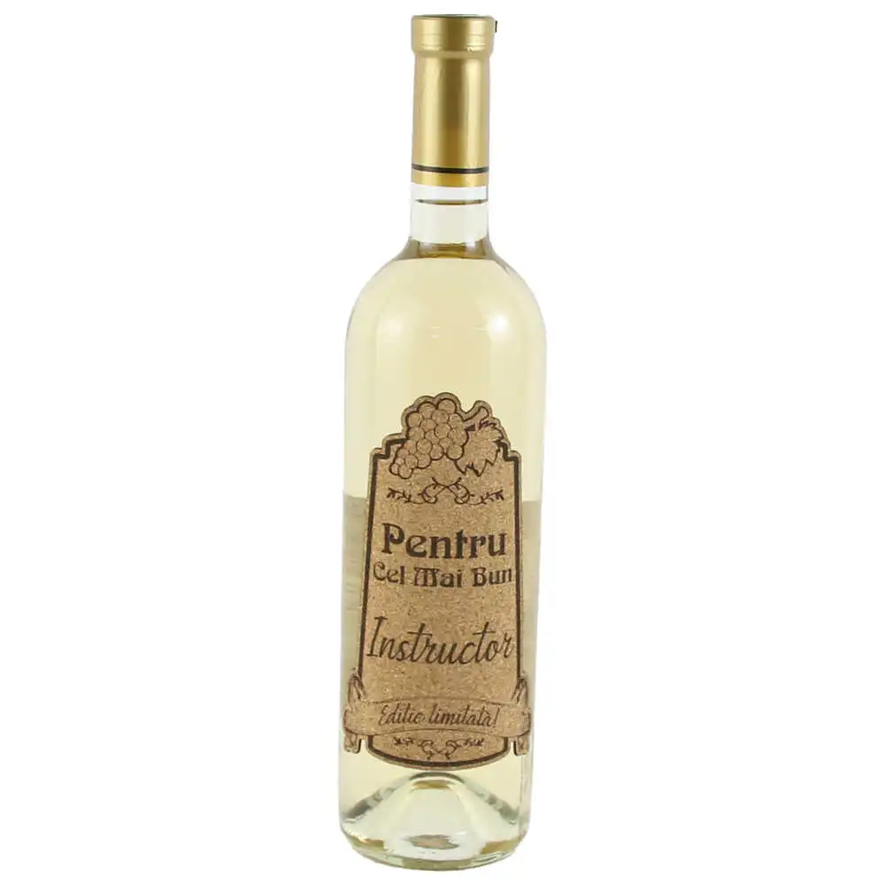 Vin alb 750 ml "Pentru cel mai bun Instructor" cu eticheta personalizata din pluta Vin alb 750 ml "Pentru cel mai bun Instructor" cu eticheta personalizata din pluta