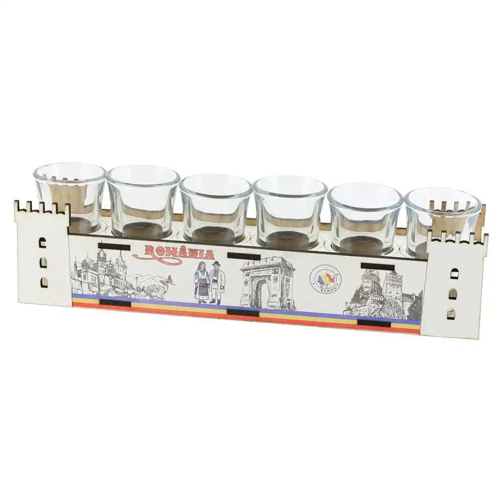 Suport din lemn "Romania" cu sase pahare 28 CM Suport din lemn "Romania" cu sase pahare 28 CM