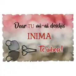 Magnet frigider din lemn "Doar tu mi-ai deschis inima. Te iubesc!" 9x6 CM