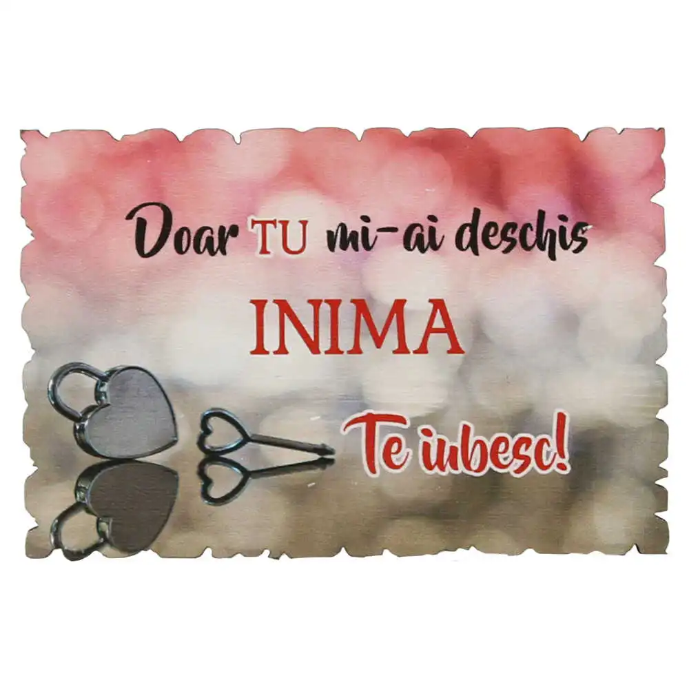 Magnet frigider din lemn "Doar tu mi-ai deschis inima. Te iubesc!" 9x6 CM Magnet frigider din lemn "Doar tu mi-ai deschis inima. Te iubesc!" 9x6 CM