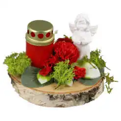 Aranjament floral pentru cimitir cu candela si ingeras 15 CM