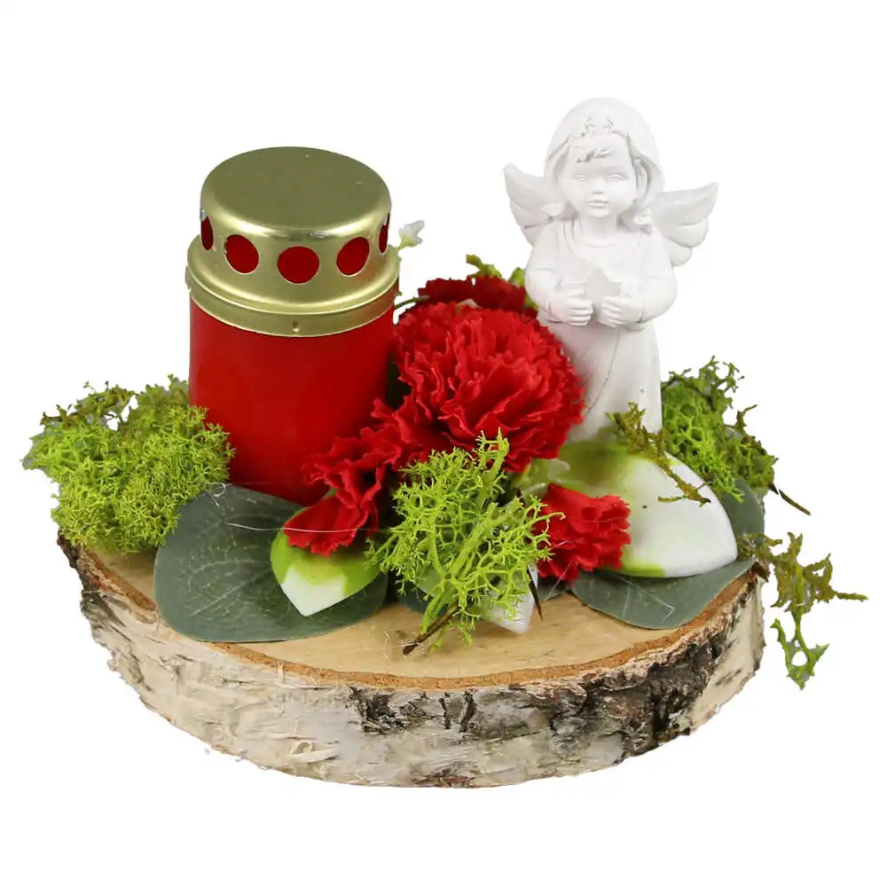 Aranjament floral pentru cimitir cu candela si ingeras 15 CM