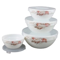 Set 4 boluri din sticla opal cu capac plastic 10.5/12.5/15/17.5 CM