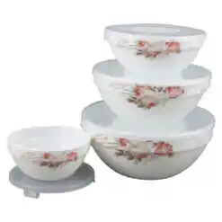 Set 4 boluri din sticla opal cu capac plastic 10.5/12.5/15/17.5 CM