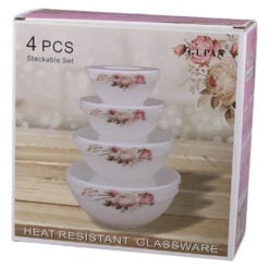 Set 4 boluri din sticla opal cu capac plastic 10.5/12.5/15/17.5 CM