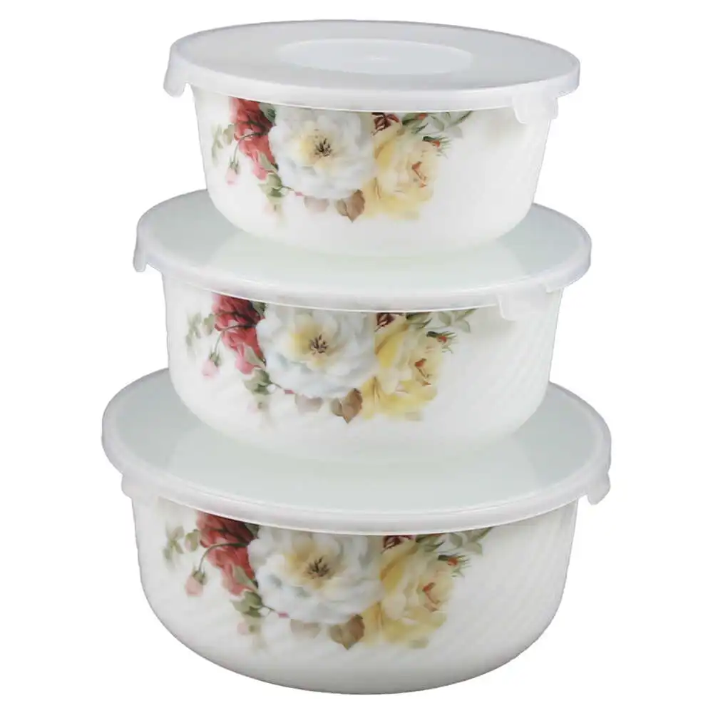 Set 3 boluri din sticla opal cu capac plastic 14/16.5/19 CM Set 3 boluri din sticla opal cu capac plastic 14/16.5/19 CM