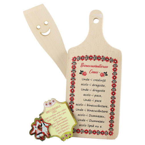Set ustensile bucatarie din lemn cu magnet frigider "Binecuvantarea Casei"