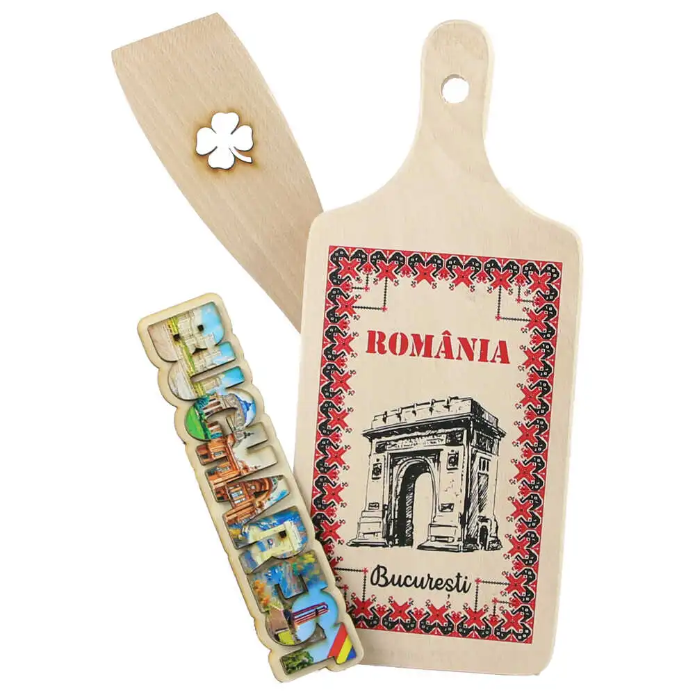 Set ustensile de bucatarie din lemn cu magnet de frigider Arcul de Triumf