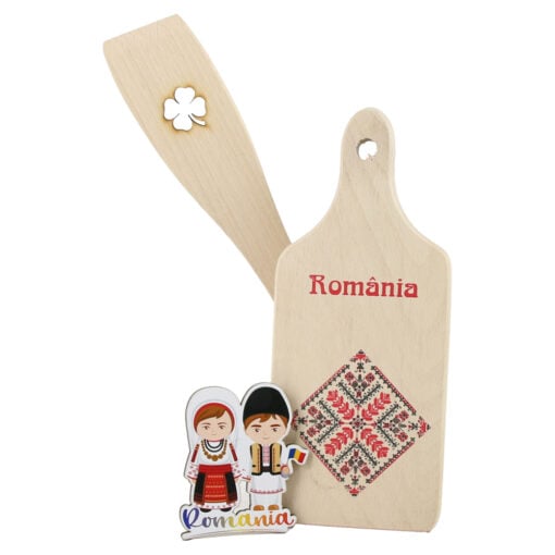 Set ustensile bucatarie din lemn cu magnet frigider "Romania"