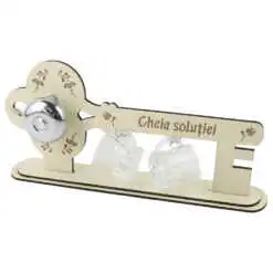 Set 2 pahare shot "Cheia solutiei" cu suport din lemn si clopotel