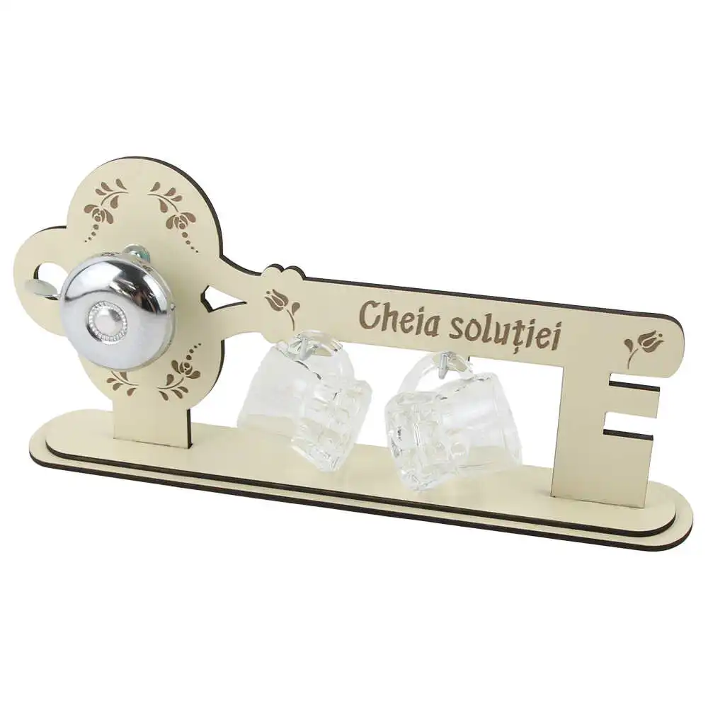 Set 2 pahare shot "Cheia solutiei" cu suport din lemn si clopotel Set 2 pahare shot "Cheia solutiei" cu suport din lemn si clopotel