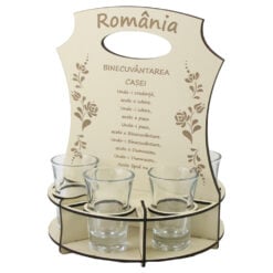 Set 6 pahare shot "Romania/Binecuvantarea Casei" cu suport din lemn