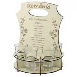 Set 6 pahare shot "Romania/Binecuvantarea Casei" cu suport din lemn