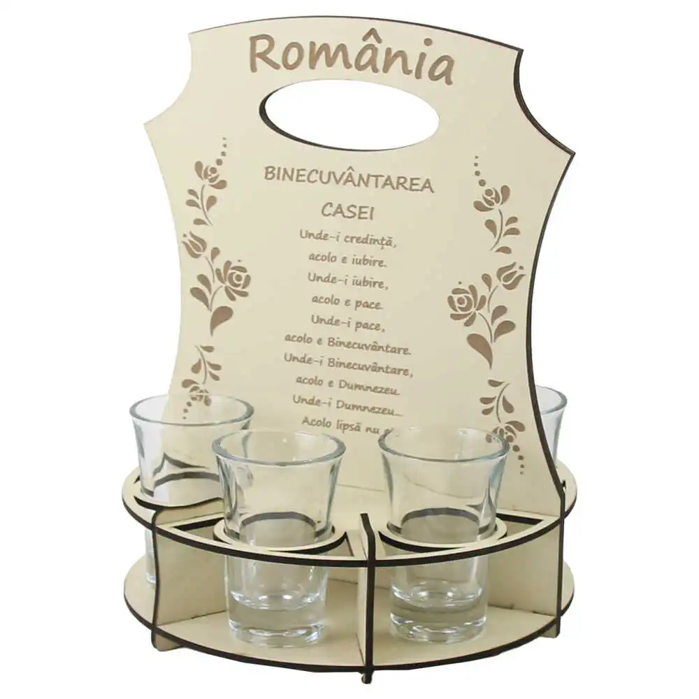 Set 6 pahare shot "Romania/Binecuvantarea Casei" cu suport din lemn Set 6 pahare shot "Romania/Binecuvantarea Casei" cu suport din lemn
