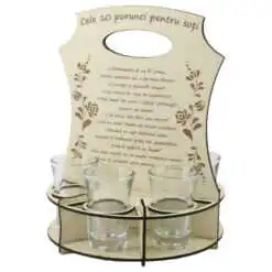 Set 6 pahare shot "Cele 10 porunci pentru soti" cu suport din lemn