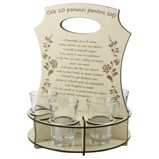 Set 6 pahare shot "Cele 10 porunci pentru soti" cu suport din lemn