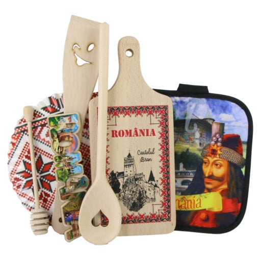 Set ustensile bucatarie din lemn cu magnet frigider "Romania"