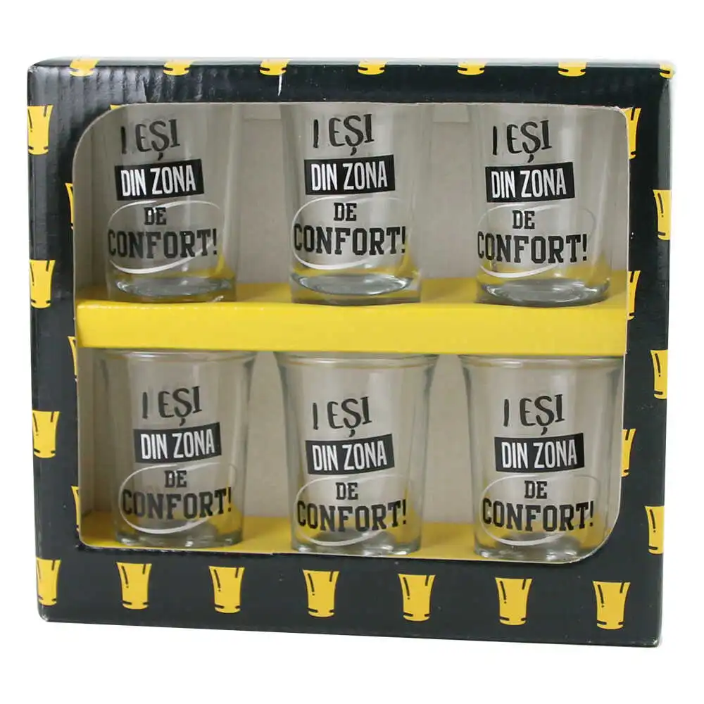 Set 6 pahare shot din "Iesti din zona de confort" Set 6 pahare shot din "Iesti din zona de confort"