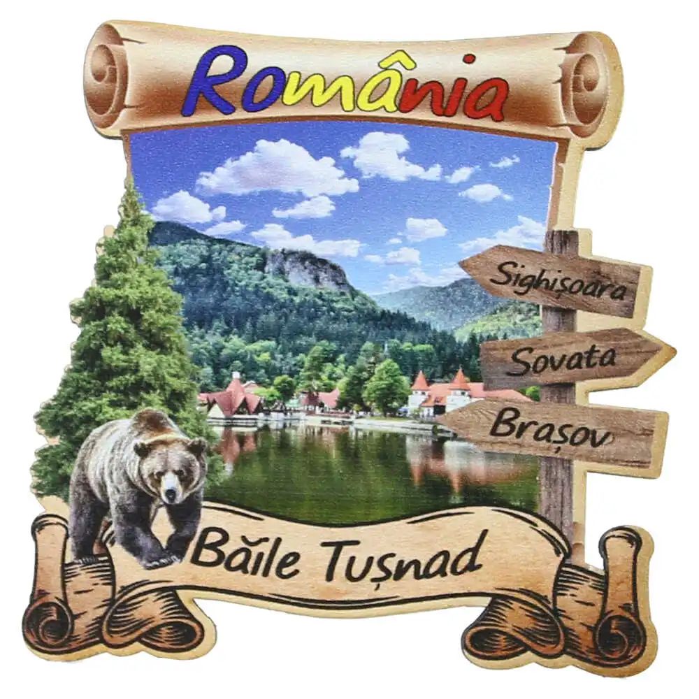 Magnet frigider din lemn "Baile Tusnad" 8x8 CM Magnet frigider din lemn "Baile Tusnad" 8x8 CM