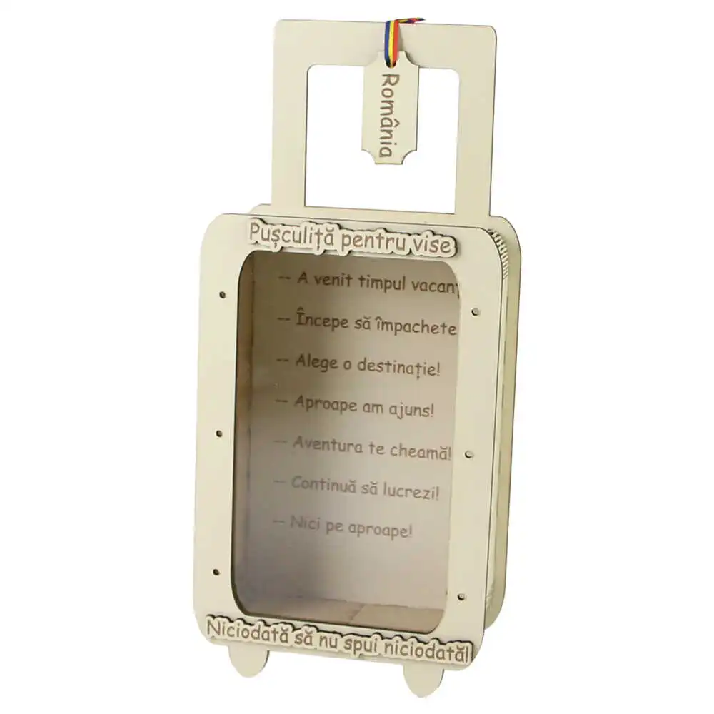 Pusculita din lemn "Romania/Pentru Vise..." 13x29 CM Pusculita din lemn "Romania/Pentru Vise..." 13x29 CM