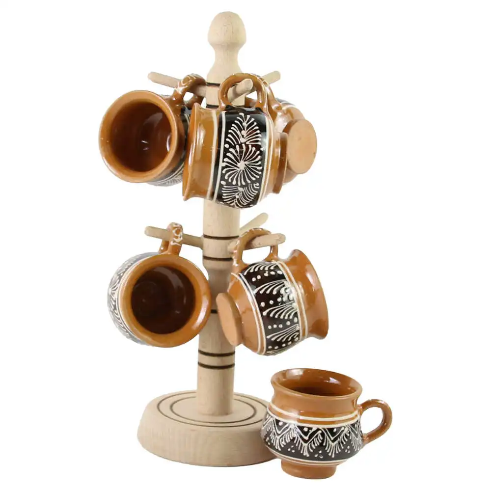 Suport din lemn cu 6 cesti de tuica Suport din lemn cu 6 cesti de tuica