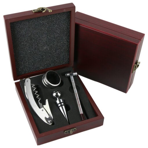 Set 4 accesorii pentru vin in cutie de lemn