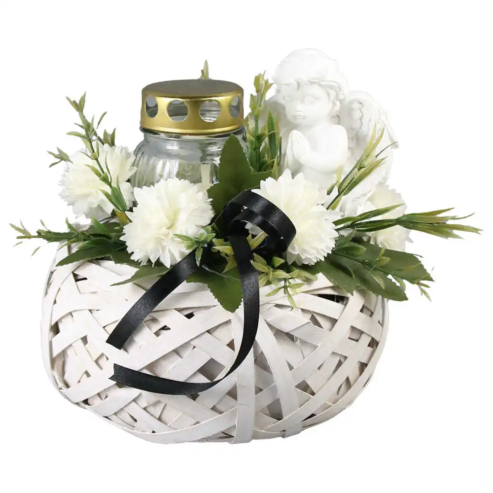 Aranjament floral pentru cimitir cu candela si ingeras 20 CM Aranjament floral pentru cimitir cu candela si ingeras 20 CM