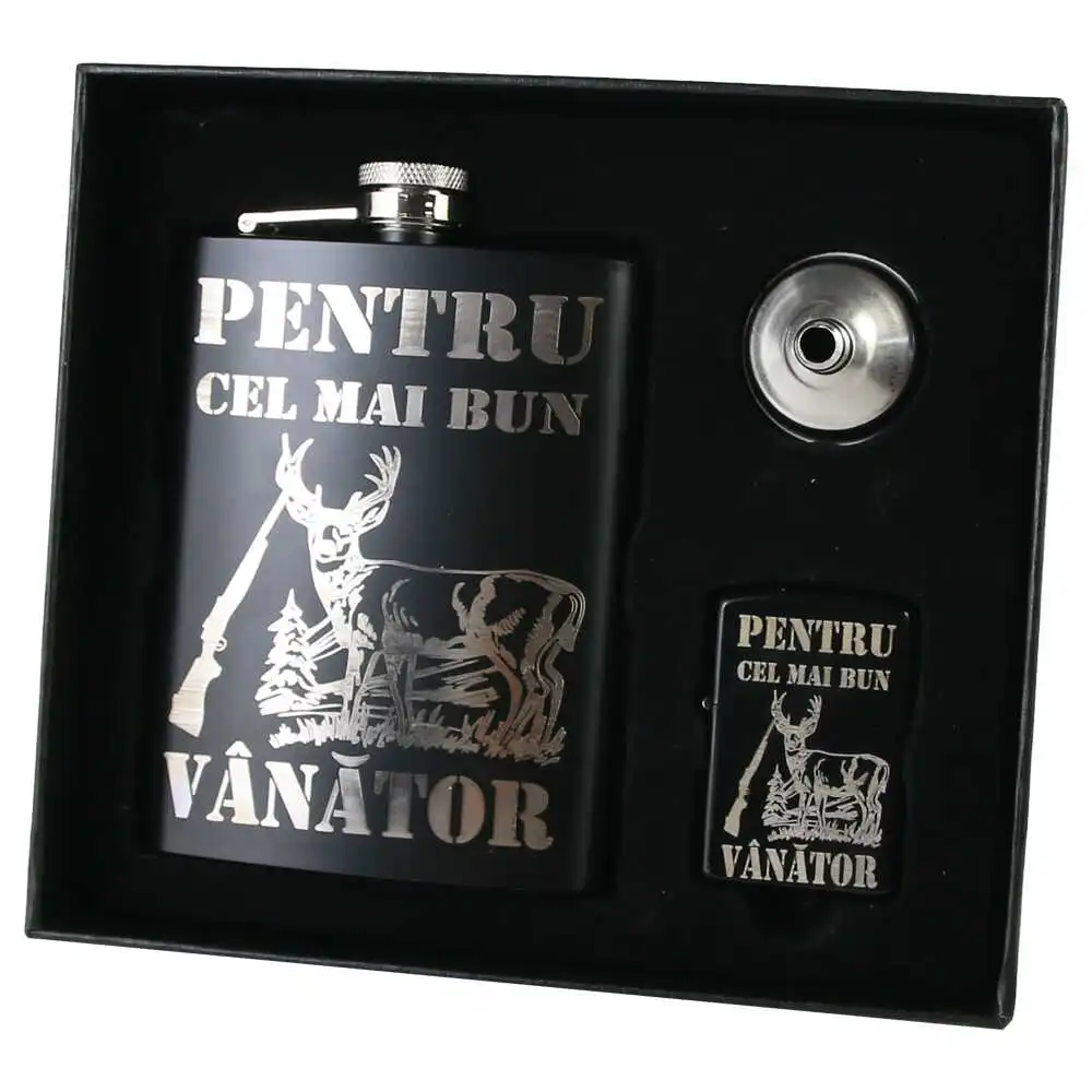 Set cadou "Pentru cel mai bun Vanator" Plosca cu palnie si bricheta