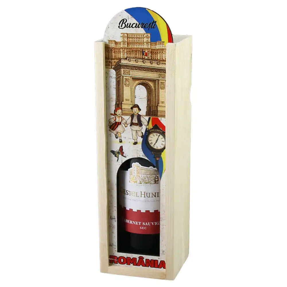 Cutie din lemn Bucuresti cu sticla de vin 187 ml Cutie din lemn Bucuresti cu sticla de vin 187 ml