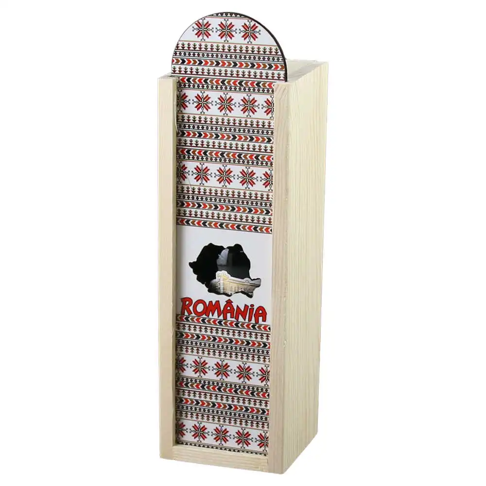 Cutie din lemn "Romania" cu sticla de vin 187 ml Cutie din lemn "Romania" cu sticla de vin 187 ml