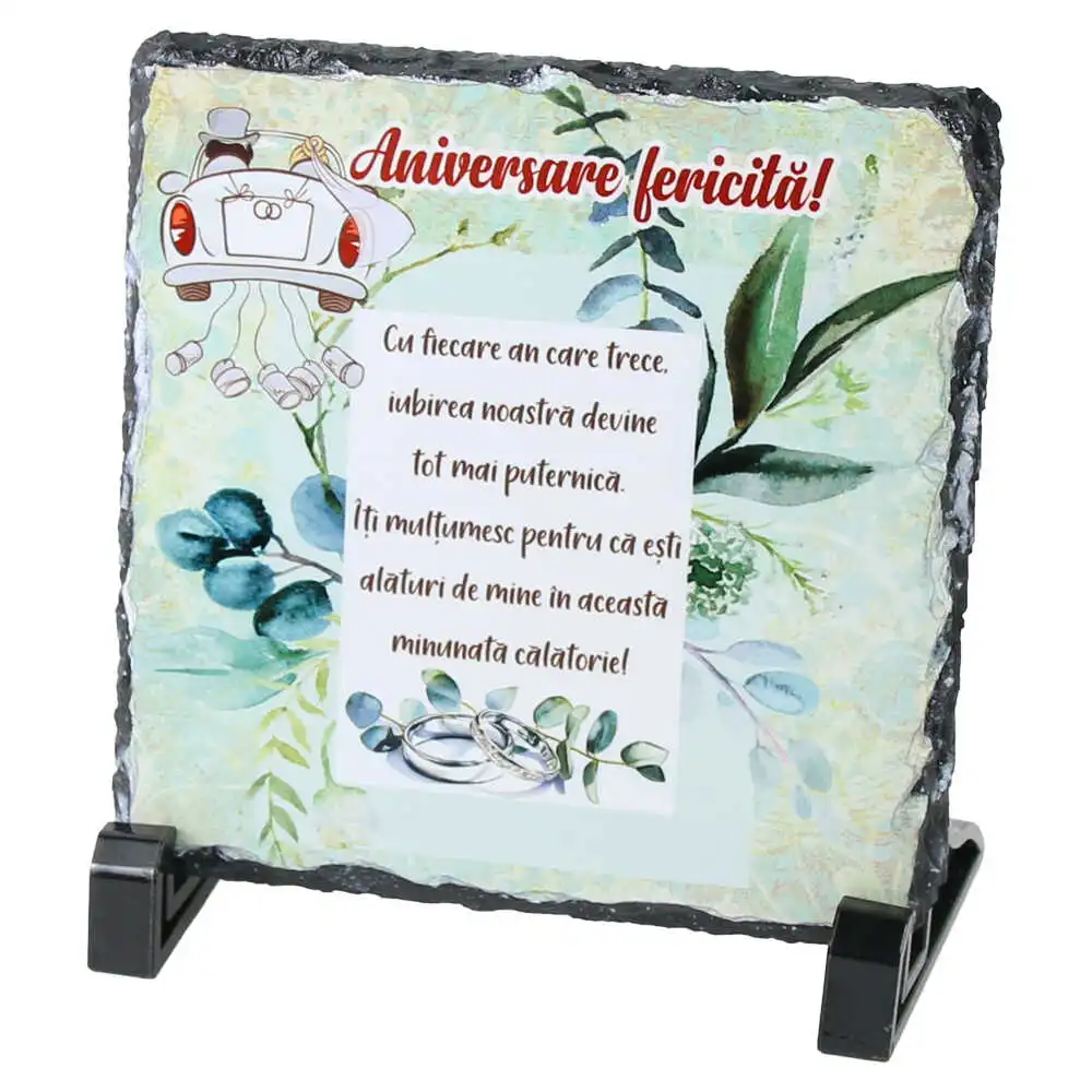 Placa ardezie "Aniversare fericita..." 14x14 CM Placa ardezie "Aniversare fericita..." 14x14 CM