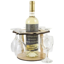 Suport lemn cu o sticla de vin si 6 pahare  "Boldog Szuletesnapot"