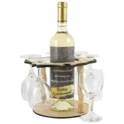 Suport lemn cu o sticla de vin si 6 pahare  "Boldog Szuletesnapot"