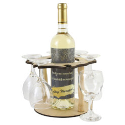 Suport lemn cu o sticla de vin si 6 pahare  "Boldog Nevnapot"
