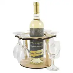 Suport lemn cu o sticla de vin si 6 pahare  "Boldog Nevnapot"