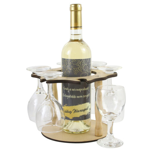 Suport lemn cu o sticla de vin si 6 pahare  "Boldog Nevnapot"