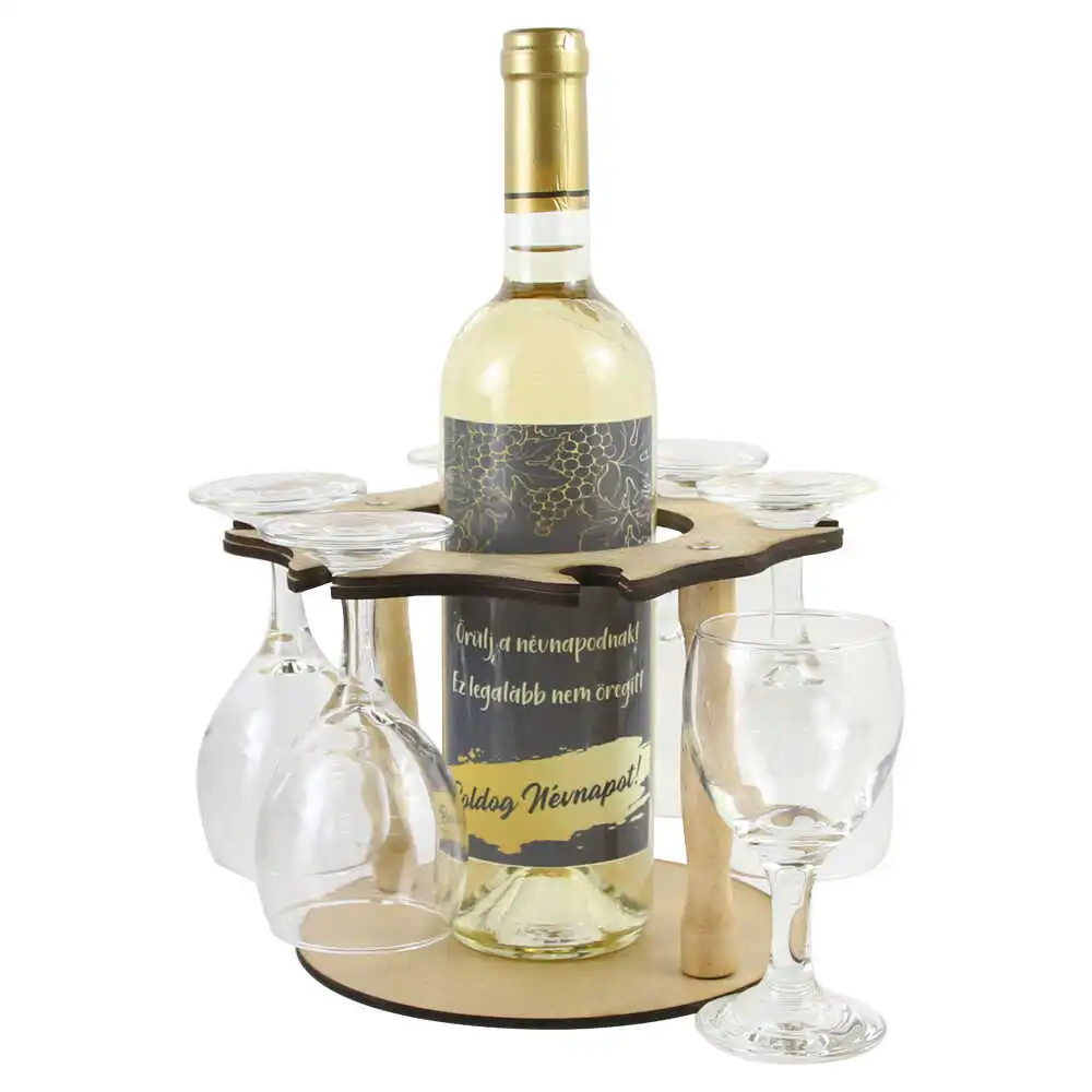 Suport lemn cu o sticla de vin si 6 pahare "Boldog Nevnapot" Suport lemn cu o sticla de vin si 6 pahare "Boldog Nevnapot"