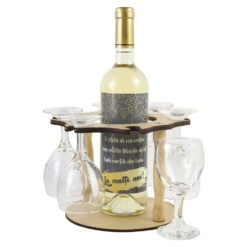 Suport lemn cu o sticla de vin si 6 pahare  "La multi ani!"