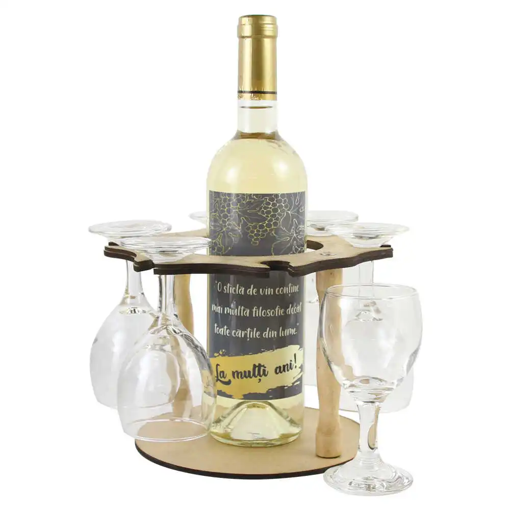 Suport lemn cu o sticla de vin si 6 pahare "La multi ani!" Suport lemn cu o sticla de vin si 6 pahare "La multi ani!"
