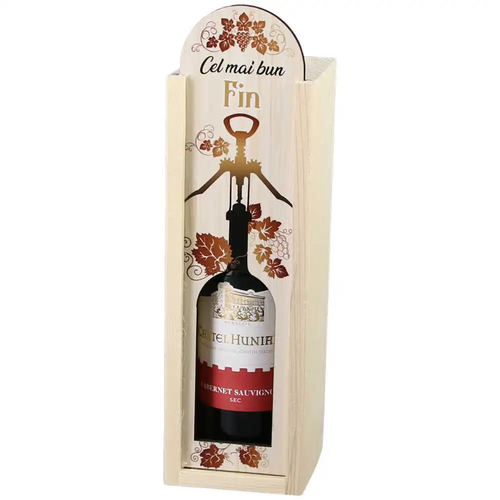 Cutie din lemn cu sticla de vin 187 ml "Cel mai bun Fin" 7 x 24 cm Cutie din lemn cu sticla de vin 187 ml "Cel mai bun Fin" 7 x 24 cm
