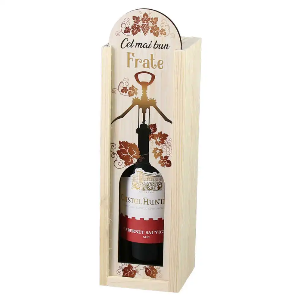 Cutie din lemn cu sticla de vin 187 ml "Cel mai bun Frate" 7 x 24 cm Cutie din lemn cu sticla de vin 187 ml "Cel mai bun Frate" 7 x 24 cm